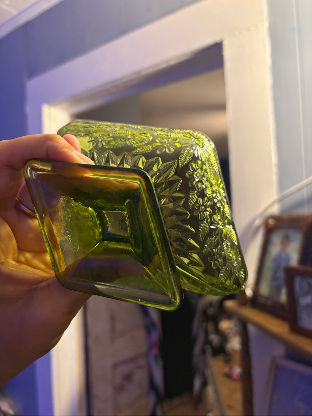 Green Glass Pedestal Bowl - Home Art Indiana glass Diamond Candy trinket dish - Picture 3 of 3
